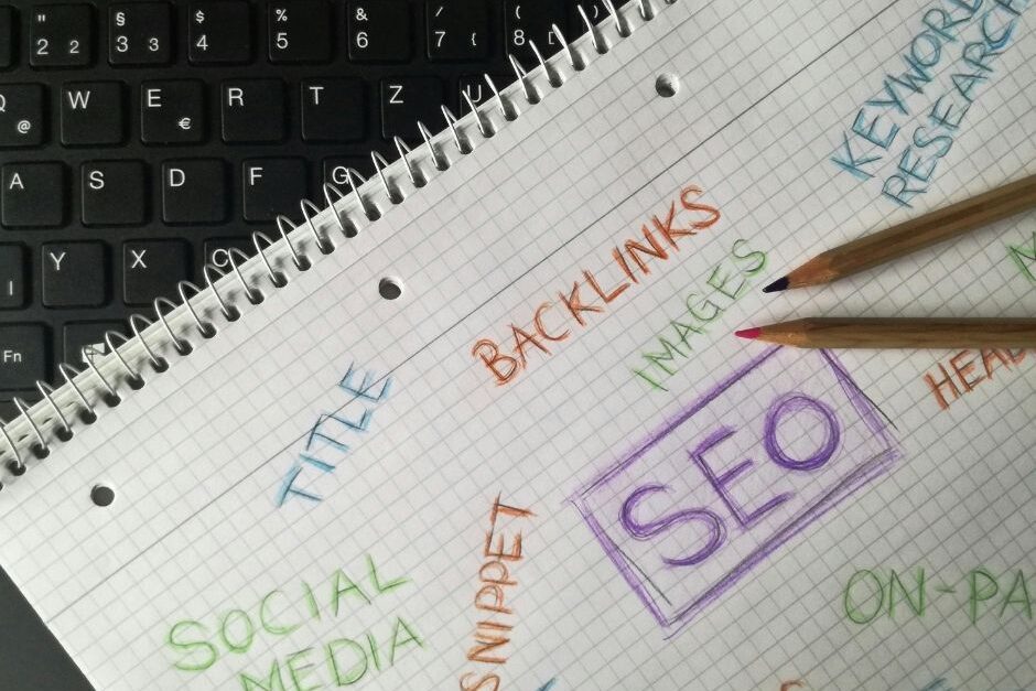 SEO related phrases written on a notebook